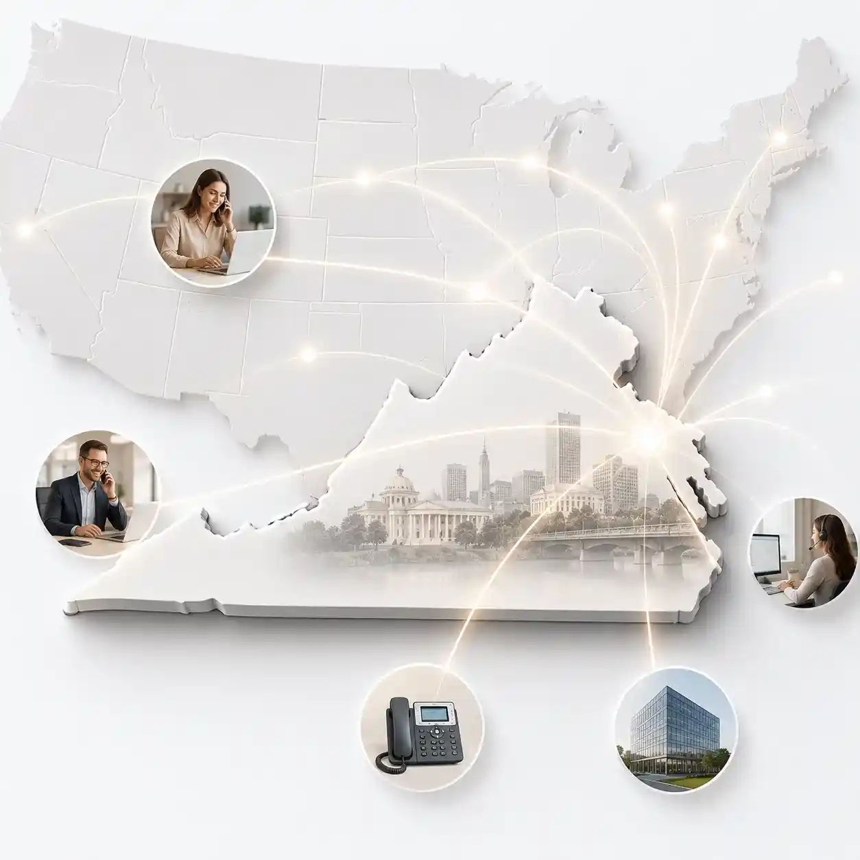 Virginia state map with icons for mobile, office, remote team and call center connected to a central phone pin